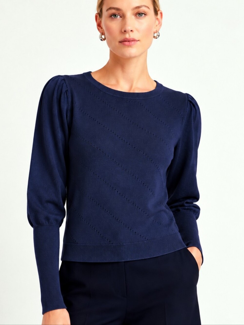 Milly Sweater Navy Blue Diagonal Pointelle Pattern